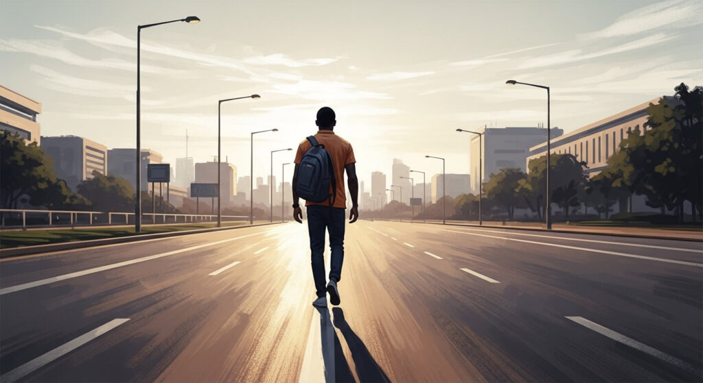 A young Nigerian man walks purposefully down a wide street in a modern African city at dawn, shot from behind at a slight low angle.